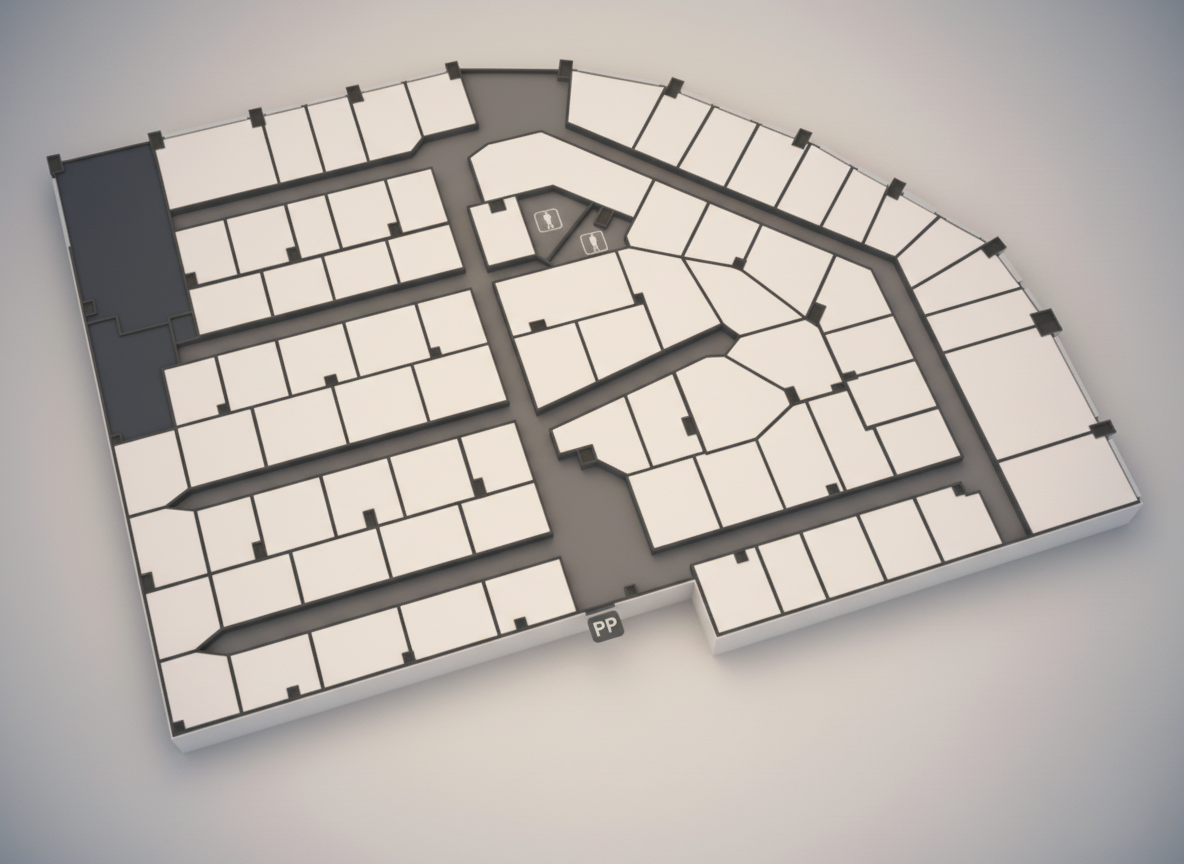Plano 3D de locales de diferentes tamaños